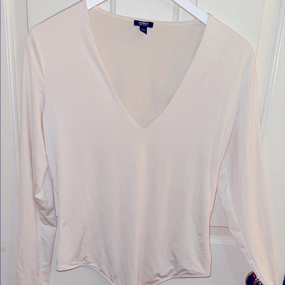 Express Women's Cream V-Neck Top like brand new double lined thong bodysuit L